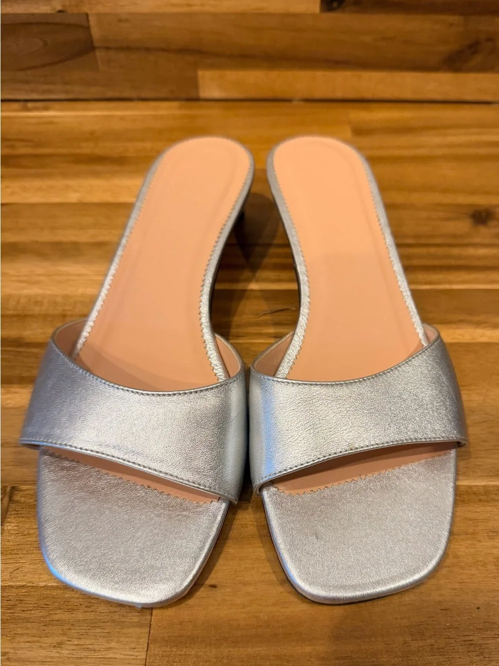 J. Crew Silver Square-Toe Slide Kitten Heel Sandals